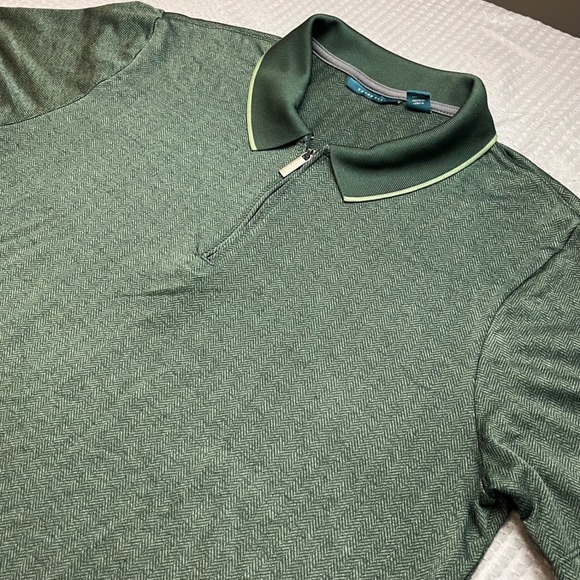 Perry Ellis Mens Polo Shirt L Green Herringbone Short Sleeve Zip Golf - Picture 1 of 11